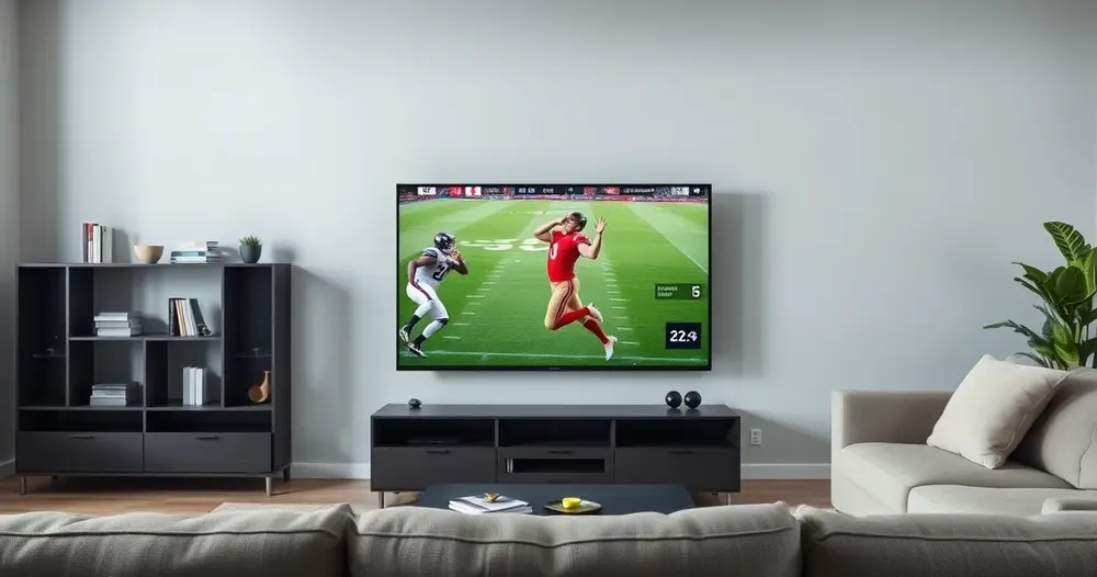 televisão em sala de estar exibindo transmissão esportiva