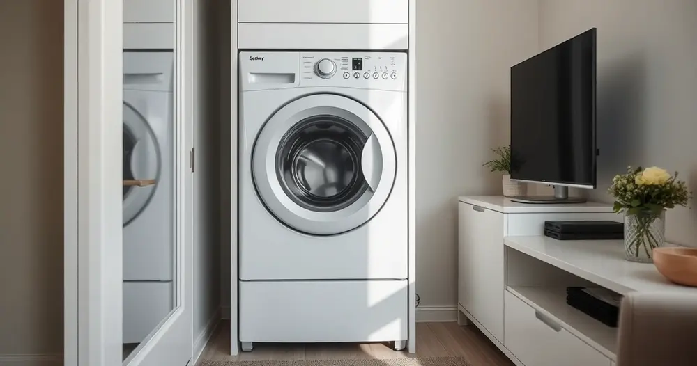 Máquina lava e seca instalada em nicho de lavanderia de apartamento