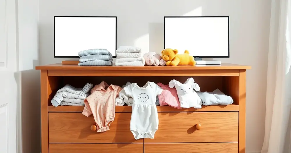 Roupas de bebê dobradas sobre cômoda em quarto infantil